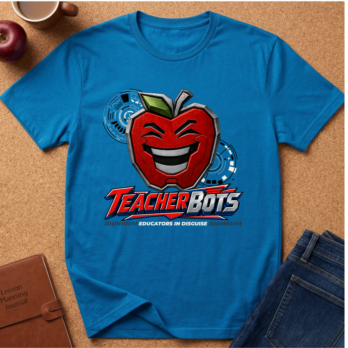 A bright blue short-sleeve graphic T-shirt laid flat on a cork surface, featuring a large red smiling apple with a green leaf and the words 'TeacherBots' and 'Educators in Discourse.' Surrounding props include a coffee cup, an apple, a brown journal, and folded jeans.