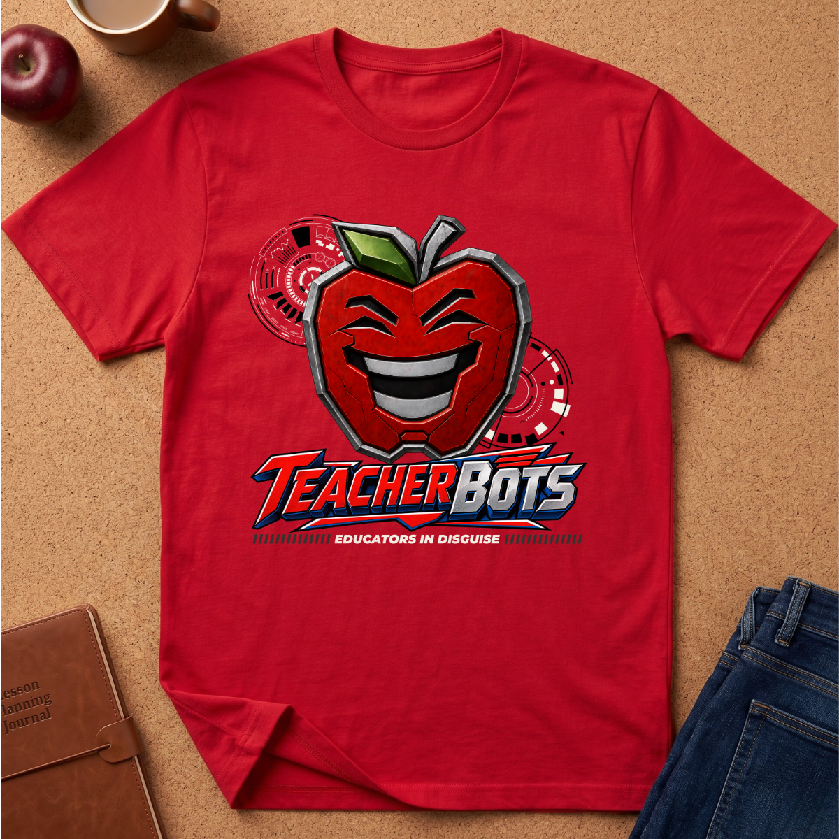 A red short-sleeve graphic T-shirt laid flat on a cork background, featuring a large smiling red apple character with metallic gray details, the words "TeacherBots" in stylized lettering, and smaller text reading "Educators in Discourse." Props including an apple, coffee cup, notebook, and jeans are partially visible around the shirt.