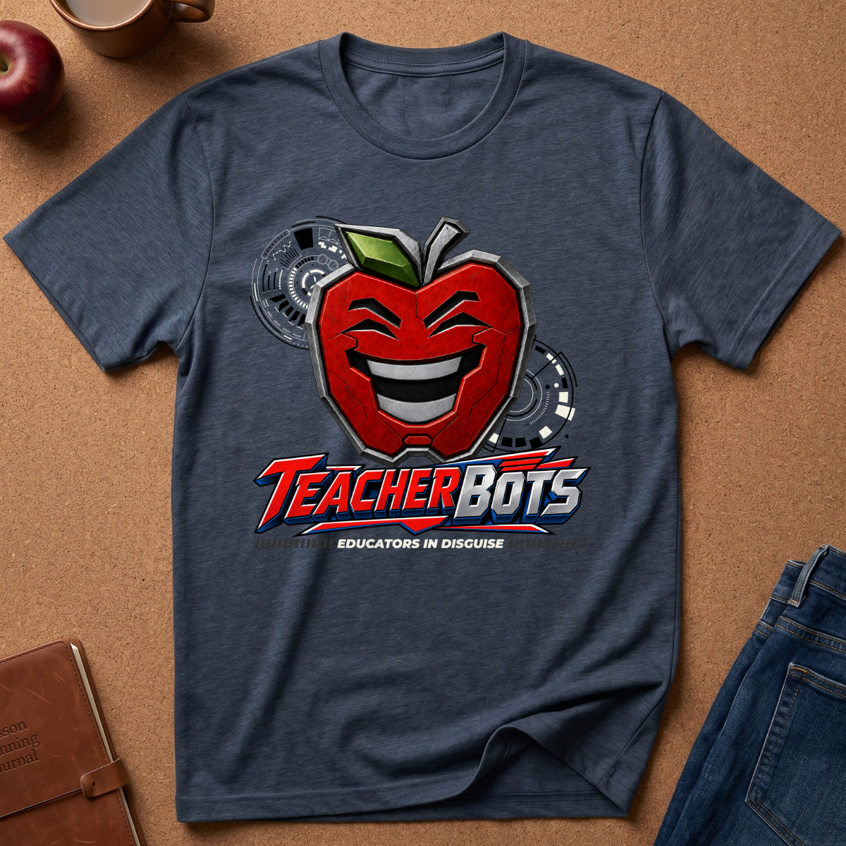 A navy blue heather graphic t-shirt featuring a red apple character with a metallic robot face and the text 'TeacherBots Educators in Discourse'. The shirt is styled in a flat lay on a cork board background with a brown leather notebook, a red apple, a coffee mug, and blue jeans.