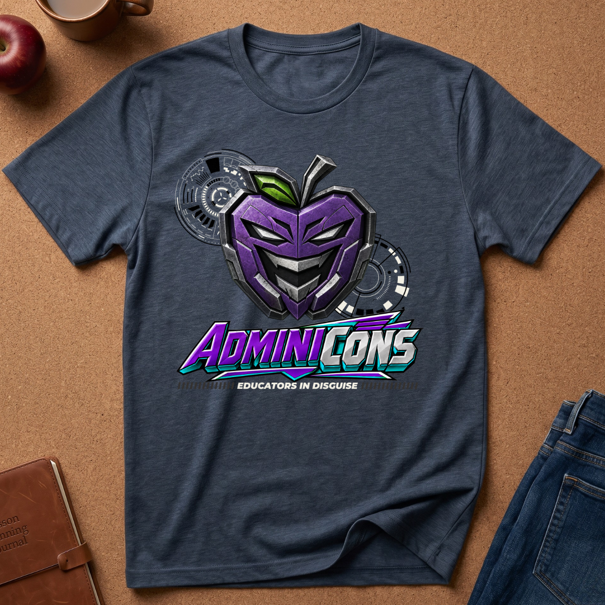 A navy blue graphic t-shirt laid flat on a cork background, featuring a stylized purple and green apple mask with the text 'ADMINICS EDUCATORS IN DISGUISE'. The shirt is styled with a brown leather notebook, a red apple, a coffee mug, and blue jeans.