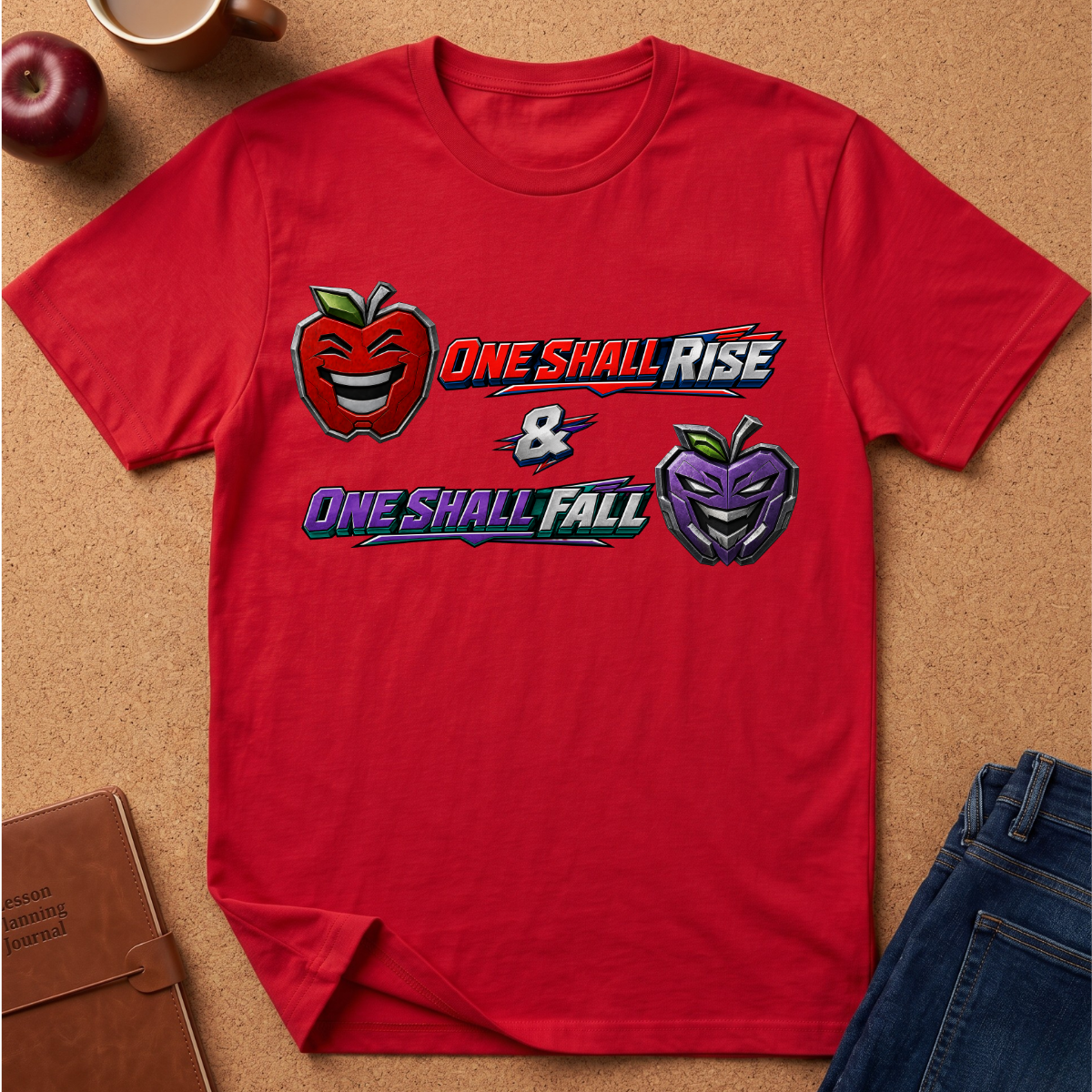A red short-sleeve graphic T-shirt laid flat on a tan cork-like surface, with school-themed illustrations and the phrases 'ONE SHALL RISE' and 'ONE SHALL FALL.' A red apple and a purple pear are printed on the chest, along with an ampersand symbol.