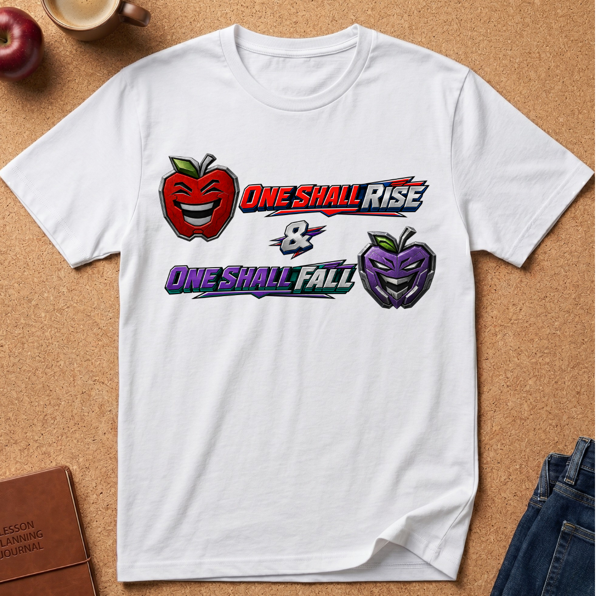 A white short-sleeve t-shirt laid flat on a cork background, featuring a graphic print with a red smiling apple, the words 'ONE SHALL RISE', a small white skull, and a purple smiling apple with the words 'ONE SHALL FALL'.