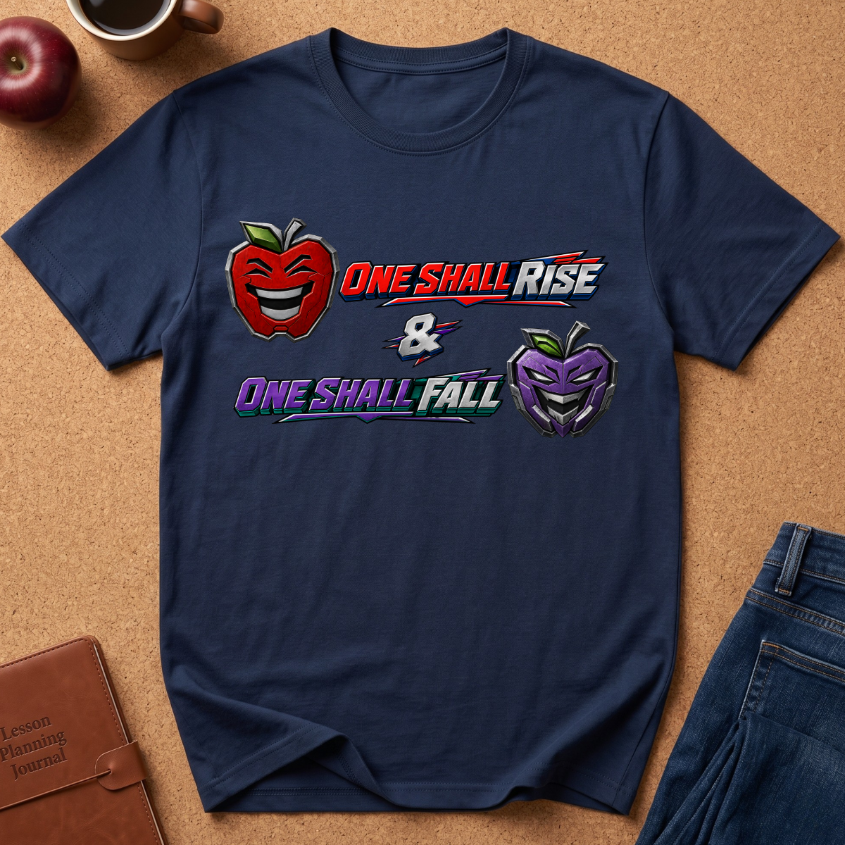 A navy blue graphic t-shirt laid flat on a cork background, featuring a red apple with a smiling face and the words 'ONE SHALL RISE' alongside a purple apple with a smiling face and the words 'ONE SHALL FALL'.
