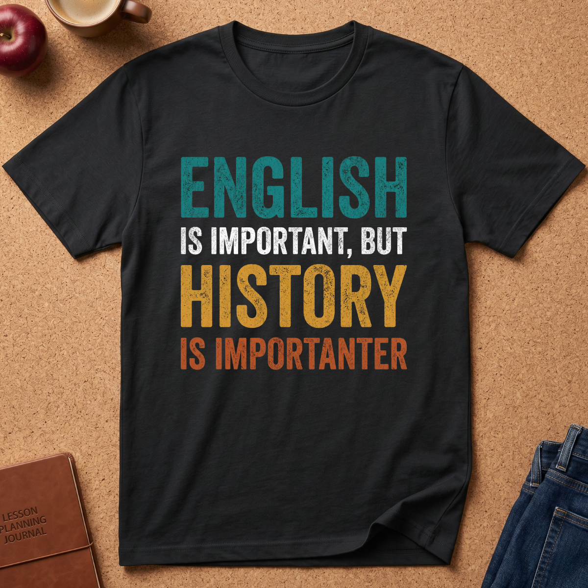A black graphic t-shirt laid flat on a cork background, featuring the text 'ENGLISH IS IMPORTANT, BUT HISTORY IS IMPORTANTER' in teal, white, yellow, and orange retro-style lettering. Styled flat-lay props include an apple, a coffee cup, a brown journal, and blue jeans.