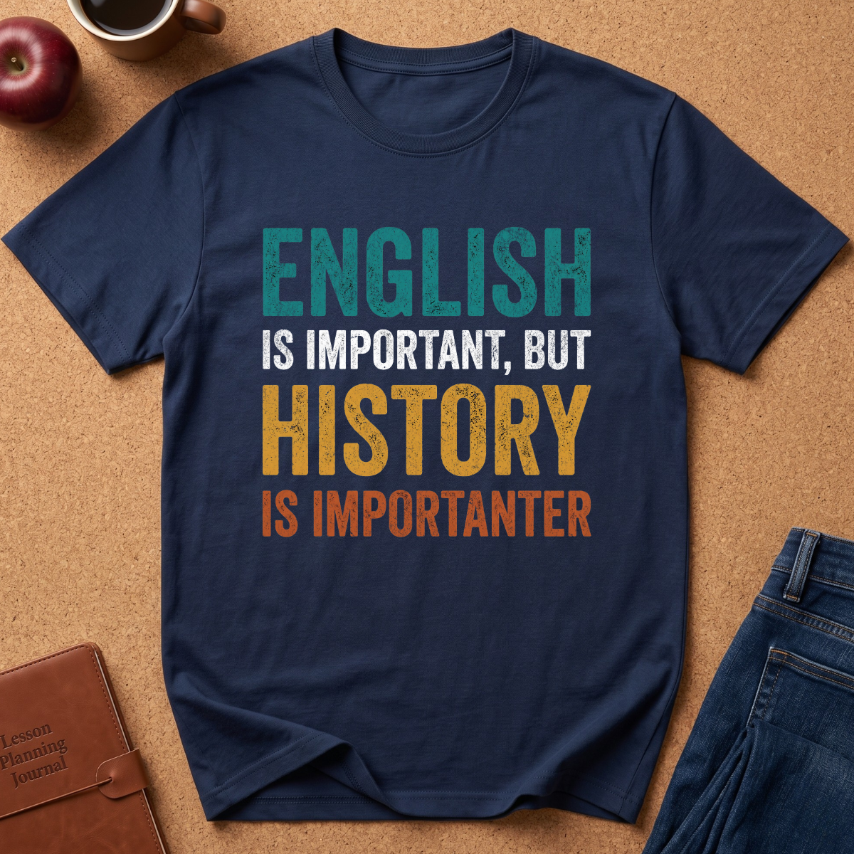 A navy blue graphic t-shirt laid flat on a cork background, featuring the text 'ENGLISH IS IMPORTANT, BUT HISTORY IS IMPORTANTER' in teal, white, yellow, and orange. Styled flat-lay props include an apple, a coffee cup, a brown leather journal, and blue jeans.