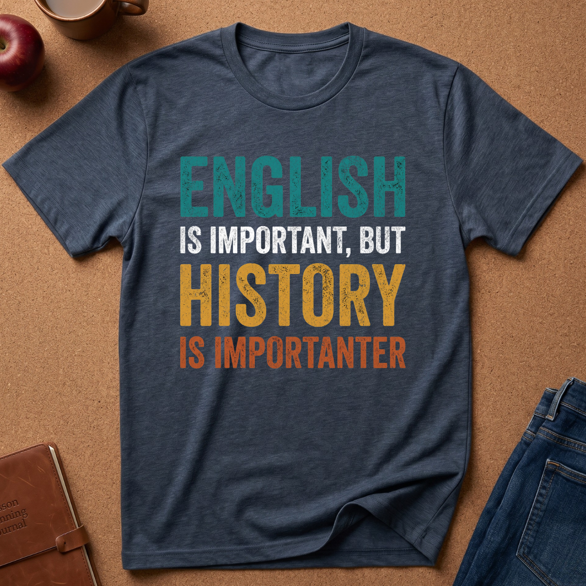 A heather navy blue graphic t-shirt laid flat on a brown cork background. The shirt features a humorous text design reading 'ENGLISH IS IMPORTANT, BUT HISTORY IS IMPORTANTER' in distressed teal, white, yellow, and orange fonts.