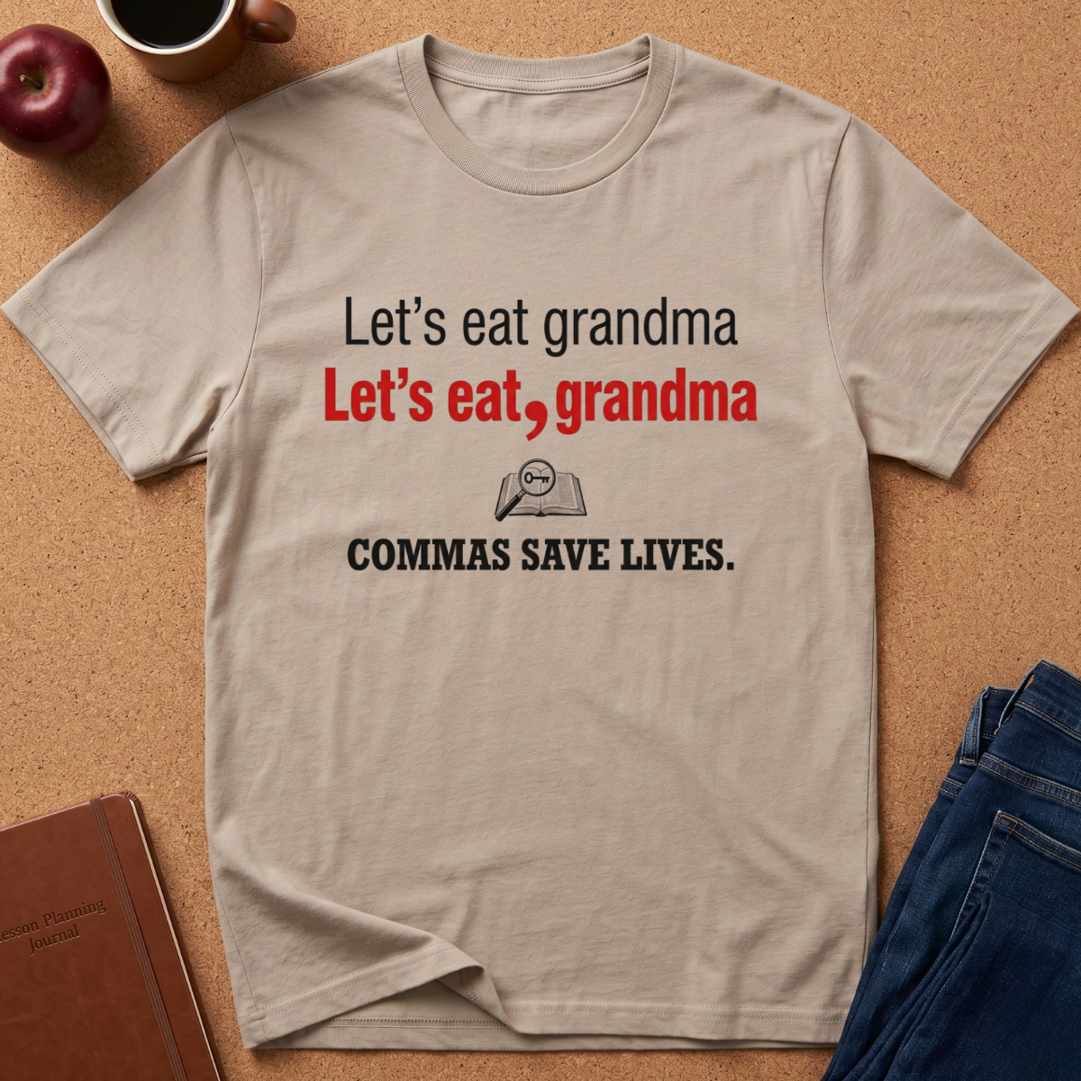 A beige graphic t-shirt laid flat on a cork background, featuring the text 'Let's eat grandma, Let's eat, grandma' in black and red, with a small magnifying glass graphic and 'COMMAS SAVE LIVES.' underneath.