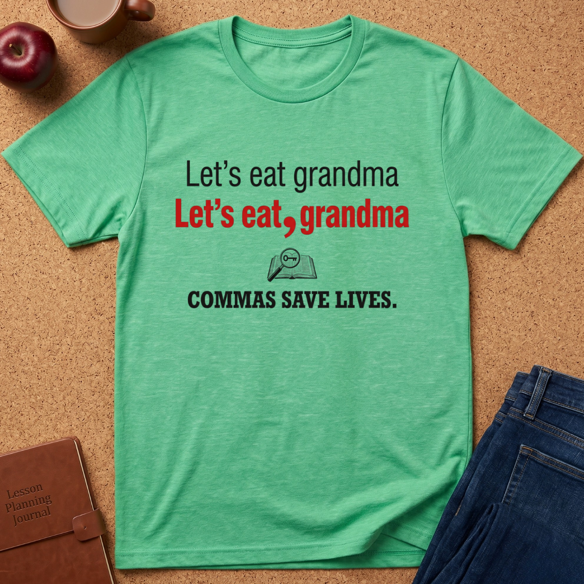 A mint green heathered graphic t-shirt laid flat on a cork background, surrounded by lifestyle props including an apple, a coffee mug, a leather journal, and blue jeans. The t-shirt features the text 'Let's eat grandma' in black and red, with a small magnifying glass graphic, and 'COMMAS SAVE LIVES.