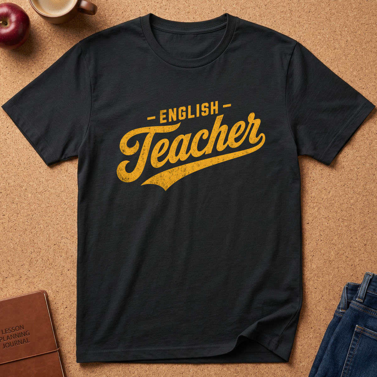 A black short-sleeve t-shirt with a distressed yellow graphic reading '-ENGLISH Teacher' laid flat on a cork surface with styled props including an apple, a mug, a journal, and jeans.