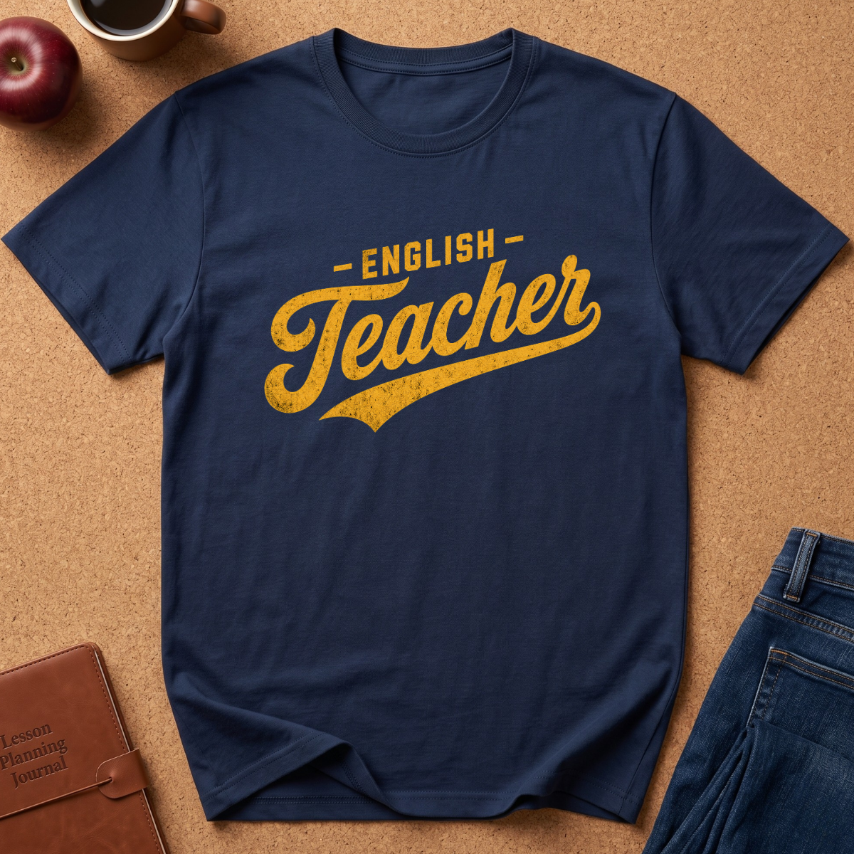 A navy blue short-sleeve t-shirt with a distressed yellow graphic reading '-ENGLISH Teacher' across the chest, laid flat on a cork background with an apple, coffee cup, journal, and jeans nearby.