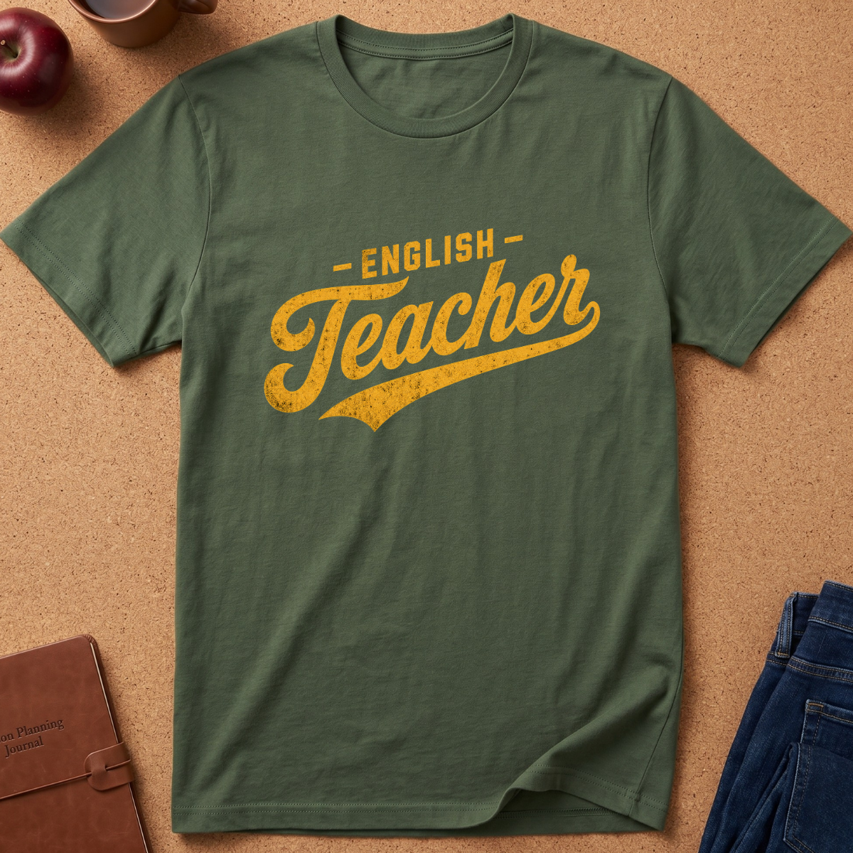 An olive green short-sleeve t-shirt with a distressed yellow graphic reading '-ENGLISH Teacher' laid flat on a cork background with styled props including an apple, notebook, and jeans.