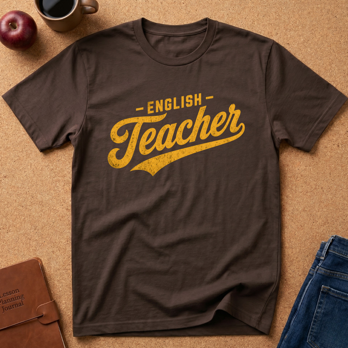 A dark brown short-sleeve t-shirt with a distressed yellow graphic reading 'ENGLISH Teacher' on the chest, laid flat on a cork background with lifestyle props including an apple, coffee mug, notebook, and jeans.