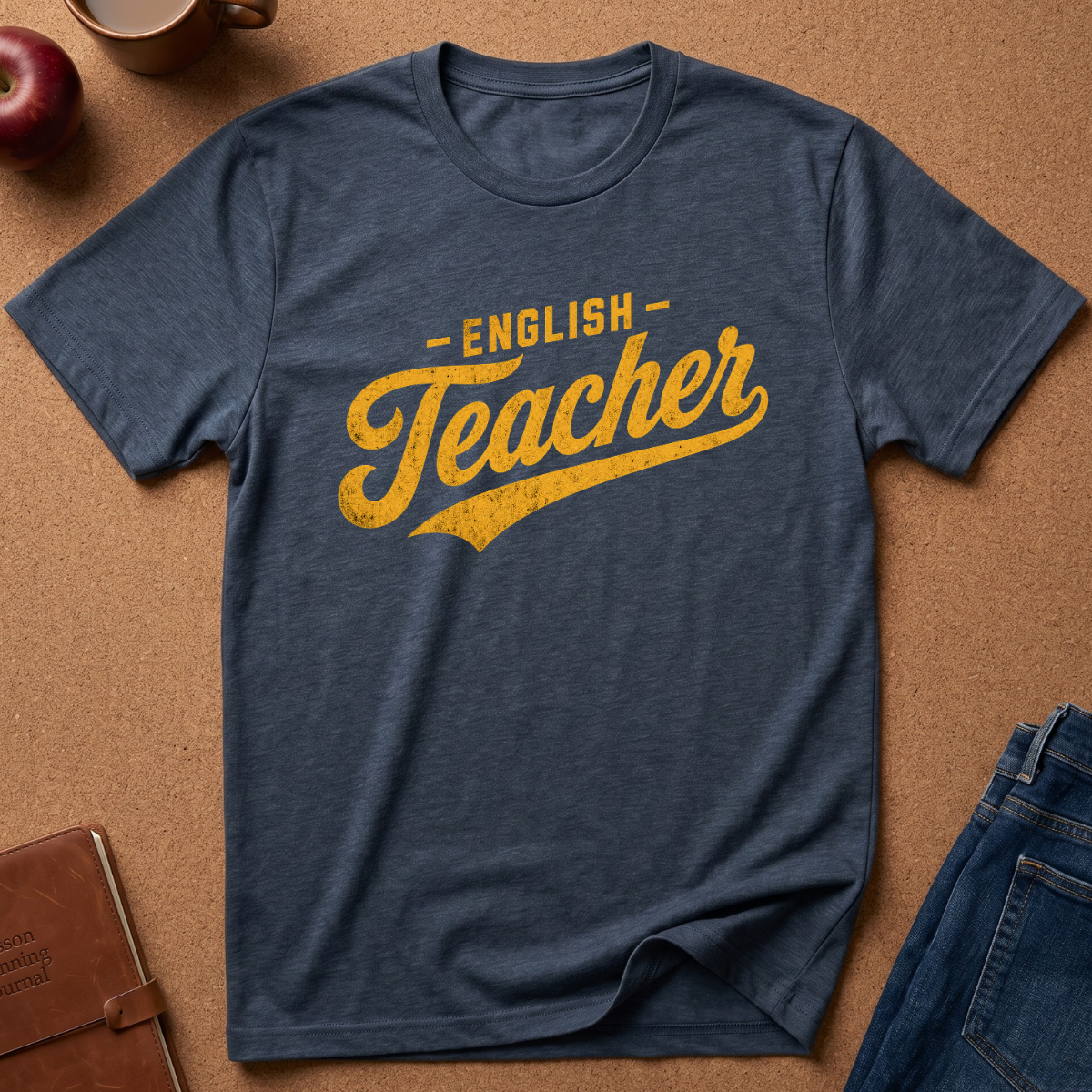 A navy blue heathered t-shirt with a distressed yellow graphic reading '-ENGLISH Teacher-' laid flat on a brown cork background, surrounded by lifestyle props including an apple, a notebook, and jeans.