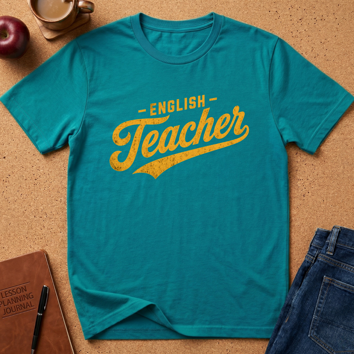 A teal short-sleeve T-shirt laid flat on a cork surface, printed with the words “ENGLISH Teacher” in yellow. Surrounding props include a coffee cup, apple, lesson planning journal, pen, and folded blue jeans.