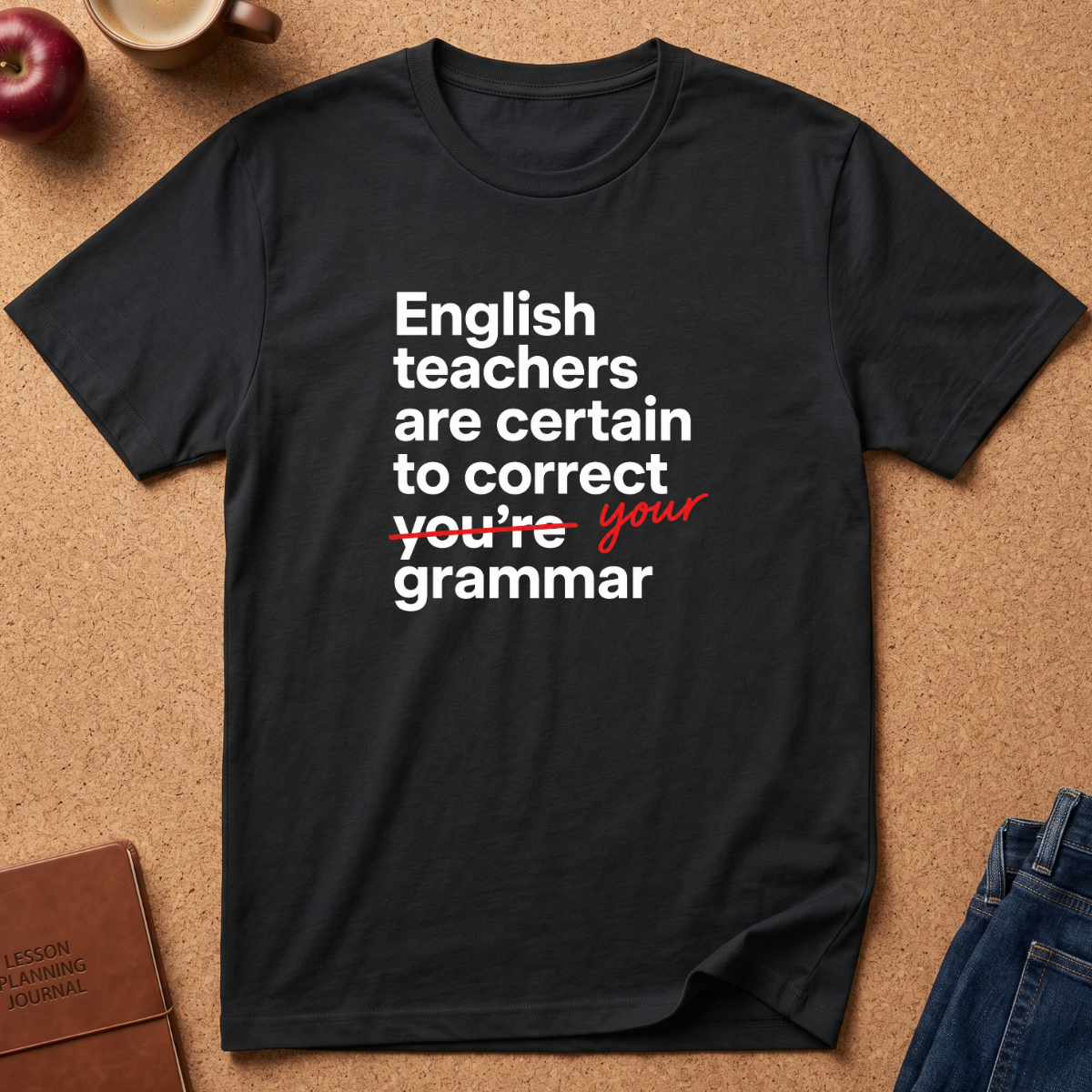 A black short-sleeve graphic T-shirt laid flat on a cork background, with white text reading 'English teachers are certain to correct you're grammar' and the word 'correct' crossed out in red script with 'your' written in red script below. A brown journal, apple, coffee cup, and blue jeans are partially visible around it as styled props.
