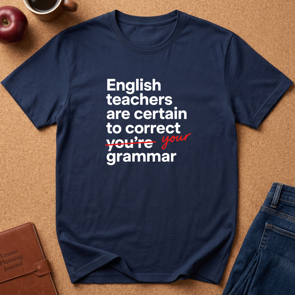 A navy blue graphic t-shirt laid flat on a brown cork background, featuring the white text 'English teachers are certain to correct you' with 'you' crossed out in red script and the phrase 'your grammar' printed below. Styled flat-lay props include an apple, a coffee cup, a leather journal, and blue jeans.