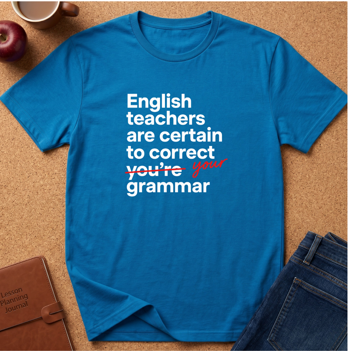 A bright blue graphic t-shirt laid flat on a cork background, featuring the white text 'English teachers are certain to correct you' with 'you' crossed out in red script. The shirt is styled with a brown journal, an apple, a coffee cup, and blue jeans.