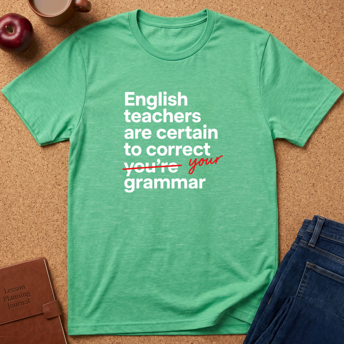 A green graphic t-shirt laid flat on a cork background, surrounded by lifestyle props including an apple, a coffee cup, a brown journal, and blue jeans. The shirt features white text that reads 'English teachers are certain to correct you're your grammar' with 'you're' crossed out in red.