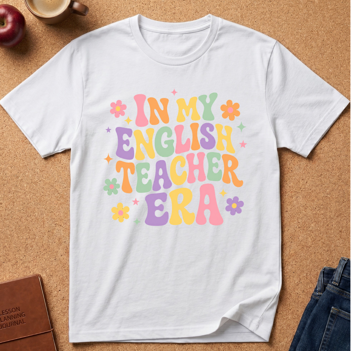 A white short-sleeve crewneck t-shirt laid flat on a cork background, featuring a colorful retro-style graphic that reads 'IN MY ENGLISH TEACHER ERA' in pastel purple, green, orange, and pink letters with small flower and star accents.