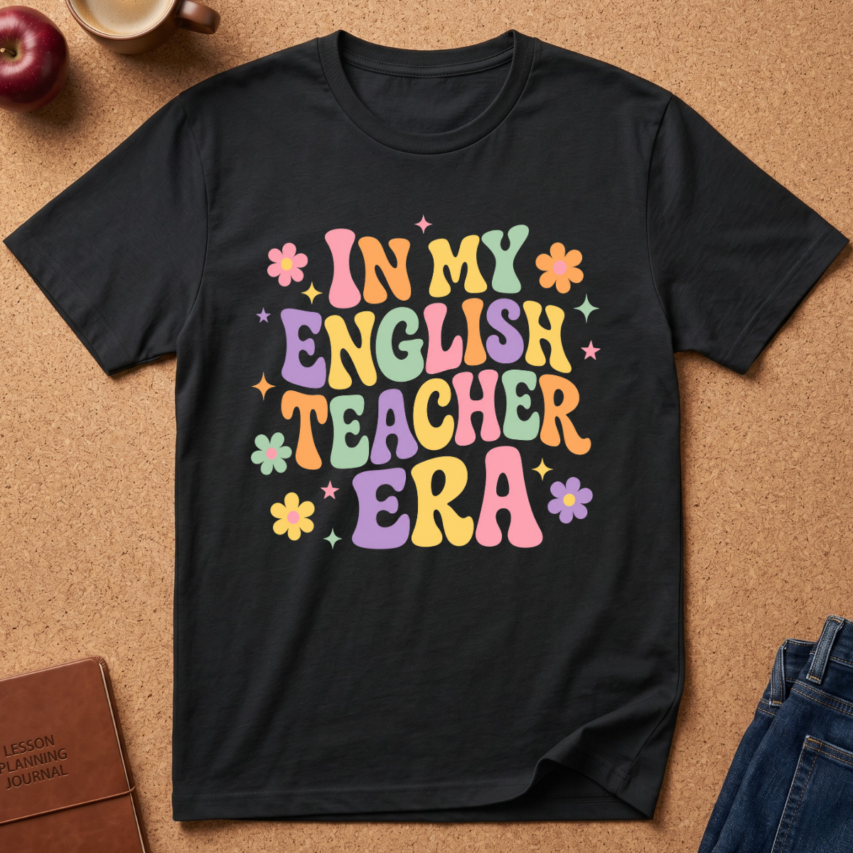 A black short-sleeve graphic T-shirt laid flat on a cork surface, featuring the phrase “IN MY ENGLISH TEACHER ERA” in colorful retro-style letters with small flower and star accents. Surrounding props include an apple, a mug, a brown journal, and folded blue jeans.