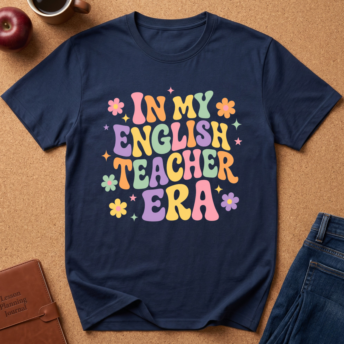 A navy blue graphic t-shirt laid flat on a cork background, featuring the text 'IN MY ENGLISH TEACHER ERA' in a retro pastel rainbow font with small flowers and stars. Styled flat-lay props include an apple, a coffee cup, a brown leather journal, and blue jeans.