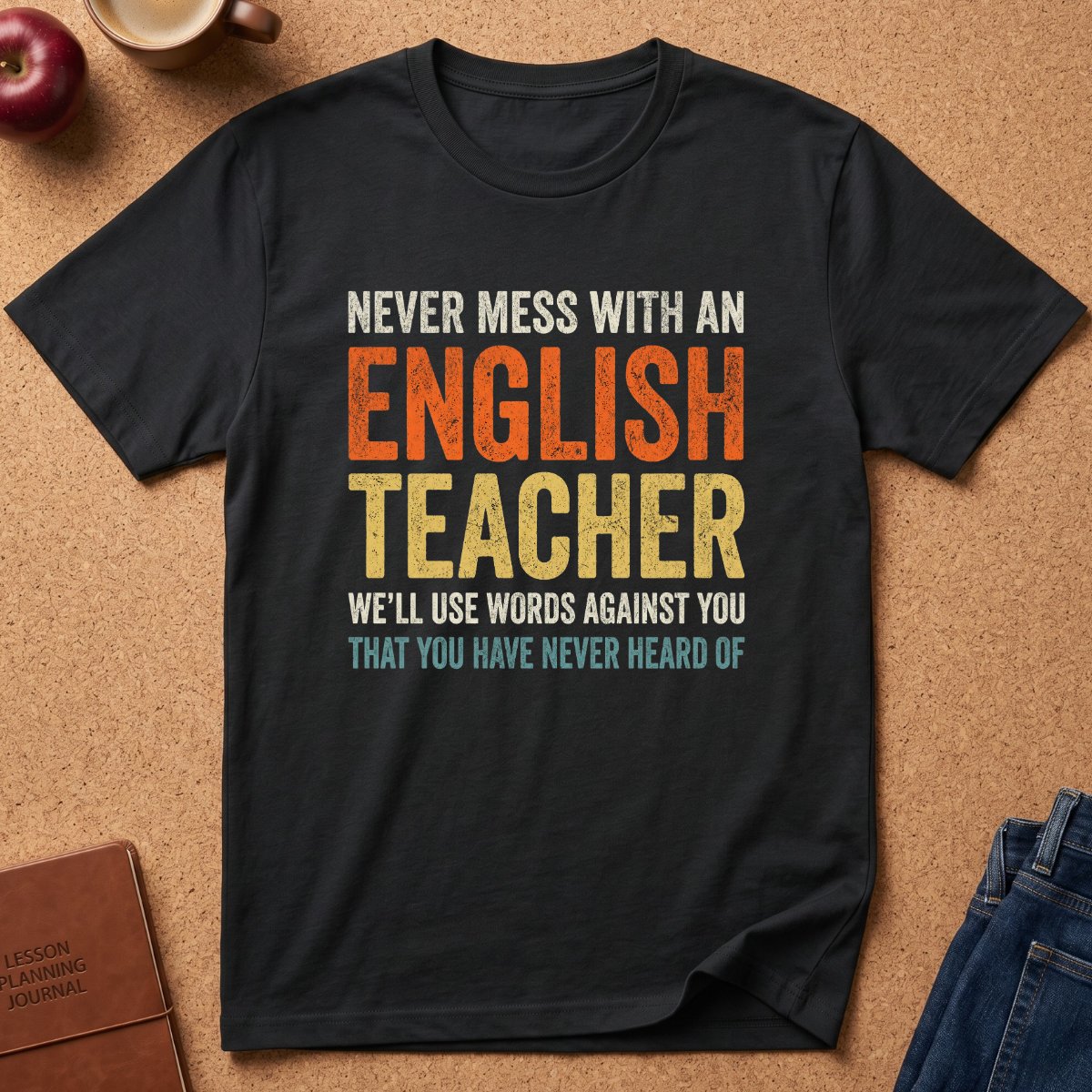 A black graphic t-shirt laid flat on a corkboard background, featuring a humorous text design that reads 'NEVER MESS WITH AN ENGLISH TEACHER WE'LL USE WORDS AGAINST YOU THAT YOU HAVE NEVER HEARD OF' in distressed orange, yellow, and teal lettering. Styled flat-lay props include an apple, a coffee mug, a journal, and jeans.