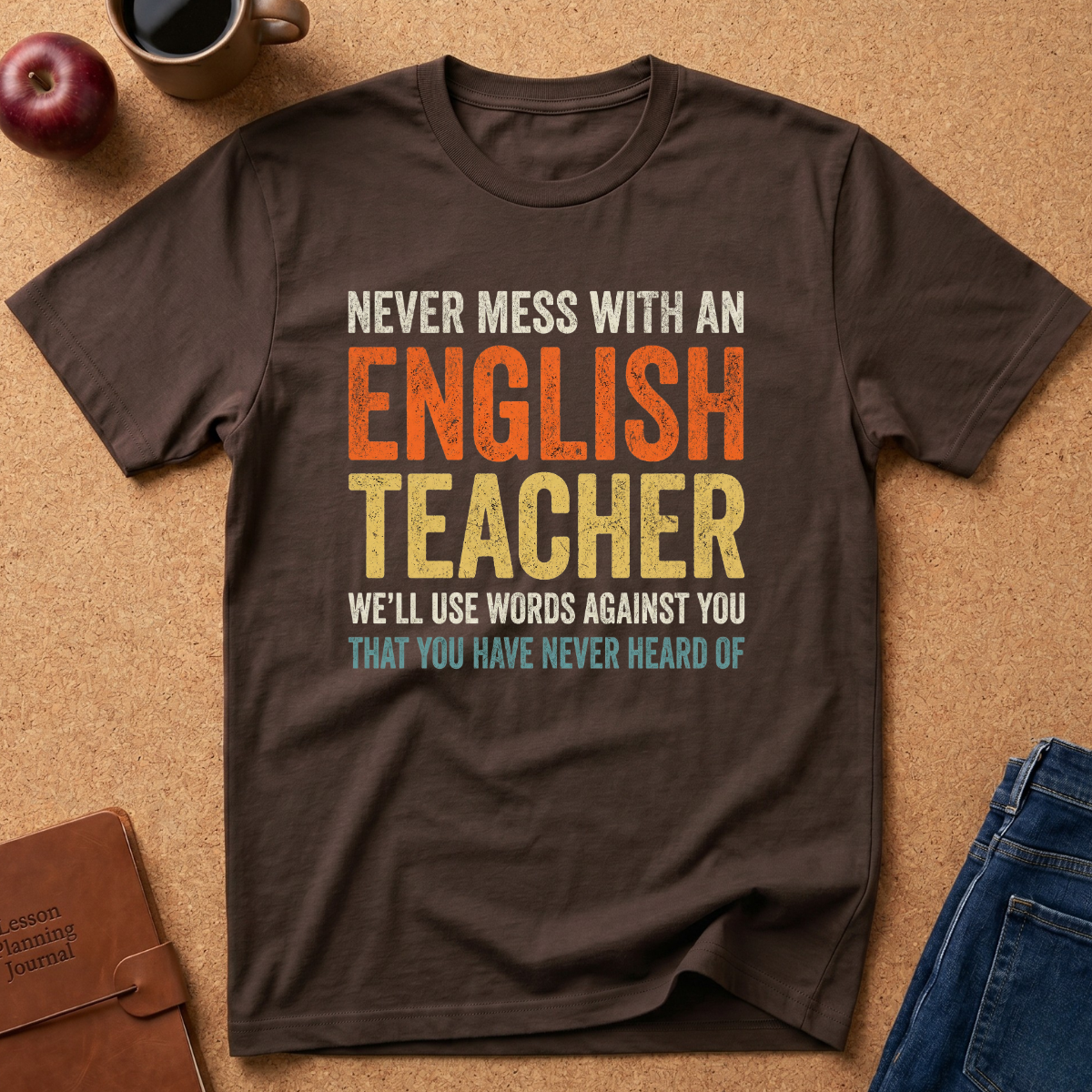 A dark brown graphic t-shirt laid flat on a cork background, featuring a humorous text design for English teachers. The shirt is styled with a coffee mug, an apple, a leather journal, and blue jeans.