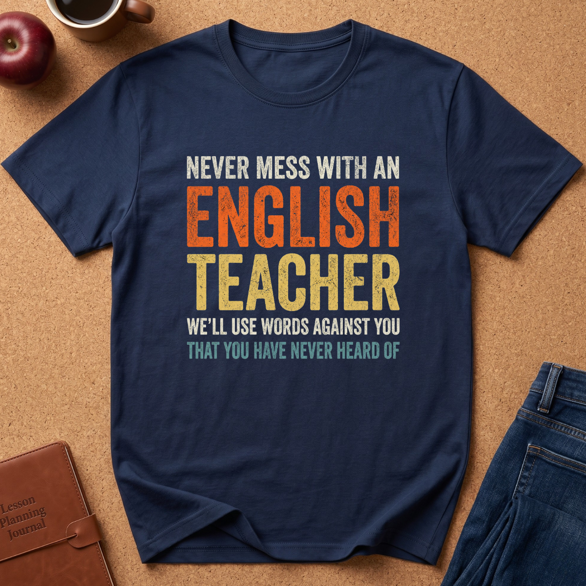 A navy blue graphic t-shirt laid flat on a brown cork background, featuring a humorous text design that reads 'NEVER MESS WITH AN ENGLISH TEACHER WE'LL USE WORDS AGAINST YOU THAT YOU HAVE NEVER HEARD OF' in distressed orange, yellow, and teal lettering. Styled flat-lay props include a brown leather journal, a red apple, a coffee mug, and blue jeans.