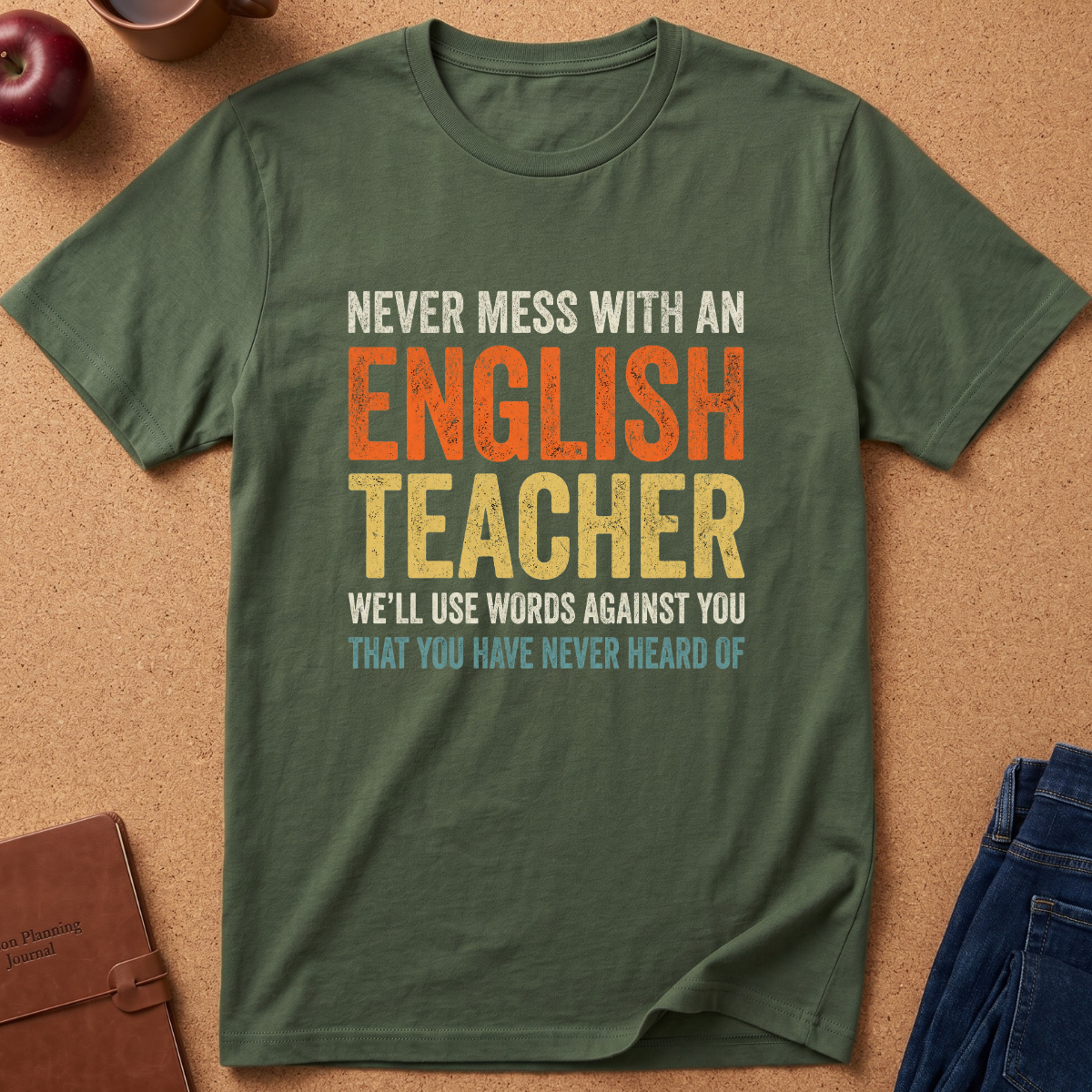 An olive green graphic t-shirt laid flat on a cork background, featuring the text 'NEVER MESS WITH AN ENGLISH TEACHER' in distressed orange, yellow, and light blue lettering. Styled flat-lay props include a brown leather notebook, a red apple, and blue jeans.