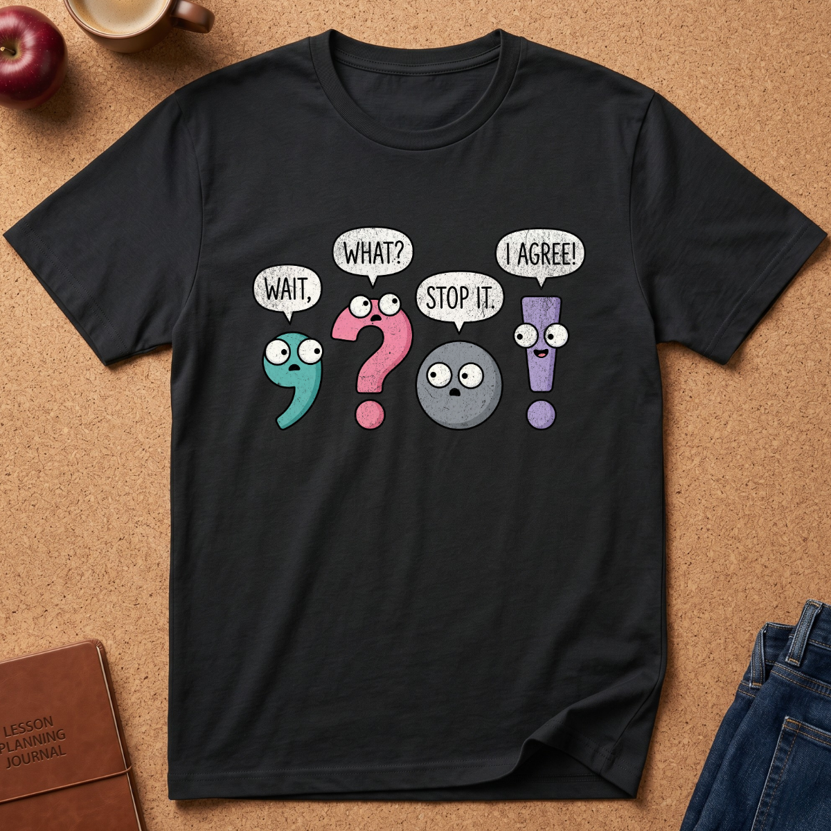 A black graphic t-shirt laid flat on a cork board background, featuring cartoon punctuation marks (a teal semicolon saying 'WAIT.', a pink question mark saying 'WHAT?', a gray circle saying 'STOP IT.