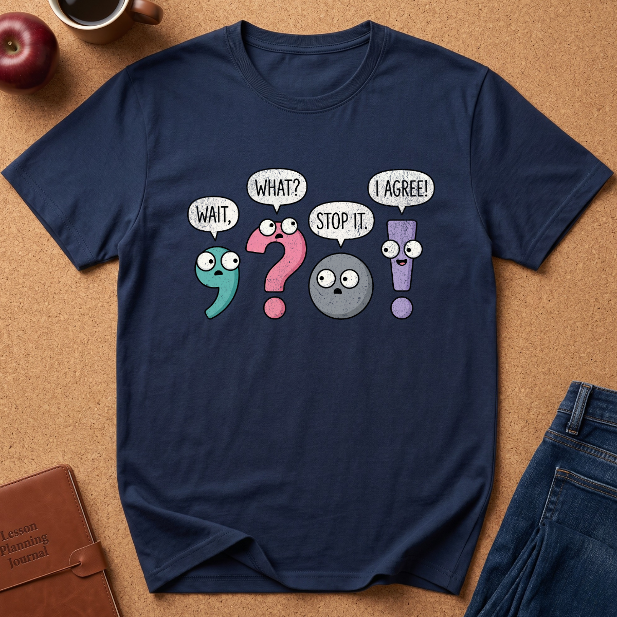 A navy blue graphic t-shirt laid flat on a cork background, featuring a cartoon design of numbers and punctuation marks with speech bubbles reading 'WAIT.', 'WHAT?', 'STOP IT.