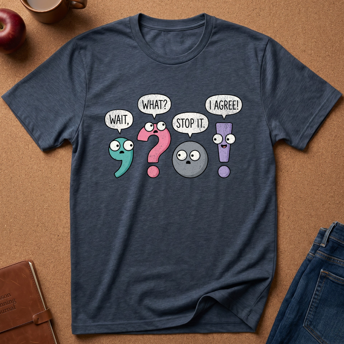 A heather navy blue graphic t-shirt laid flat on a brown cork background, featuring cartoon exclamation marks with speech bubbles reading 'WAIT.', 'WHAT?', 'STOP IT.