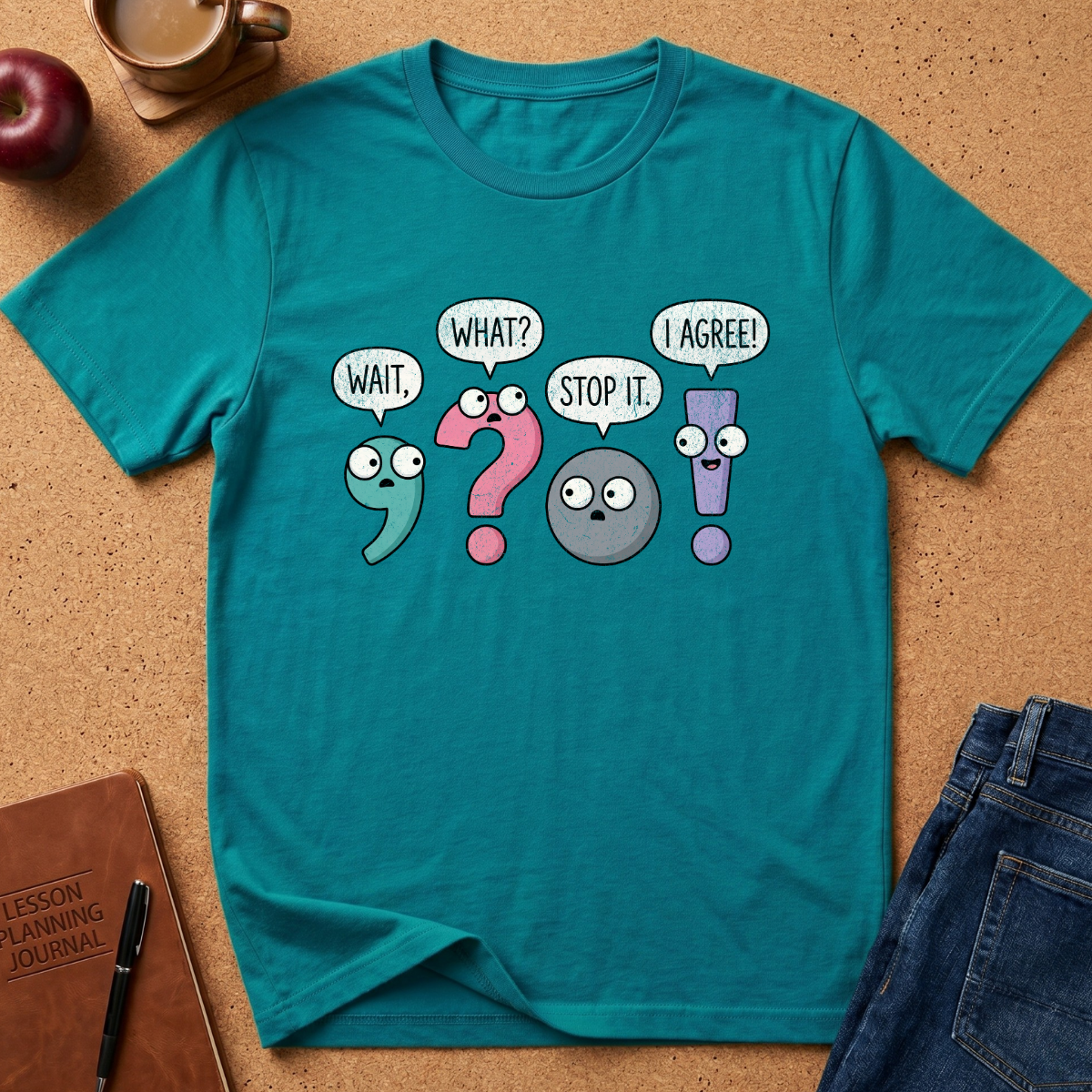 A teal short-sleeve graphic T-shirt laid flat on a cork surface, surrounded by a coffee cup, apple, notebook, and jeans. The shirt features a cartoon math-themed graphic with speech bubbles reading 'WAIT.