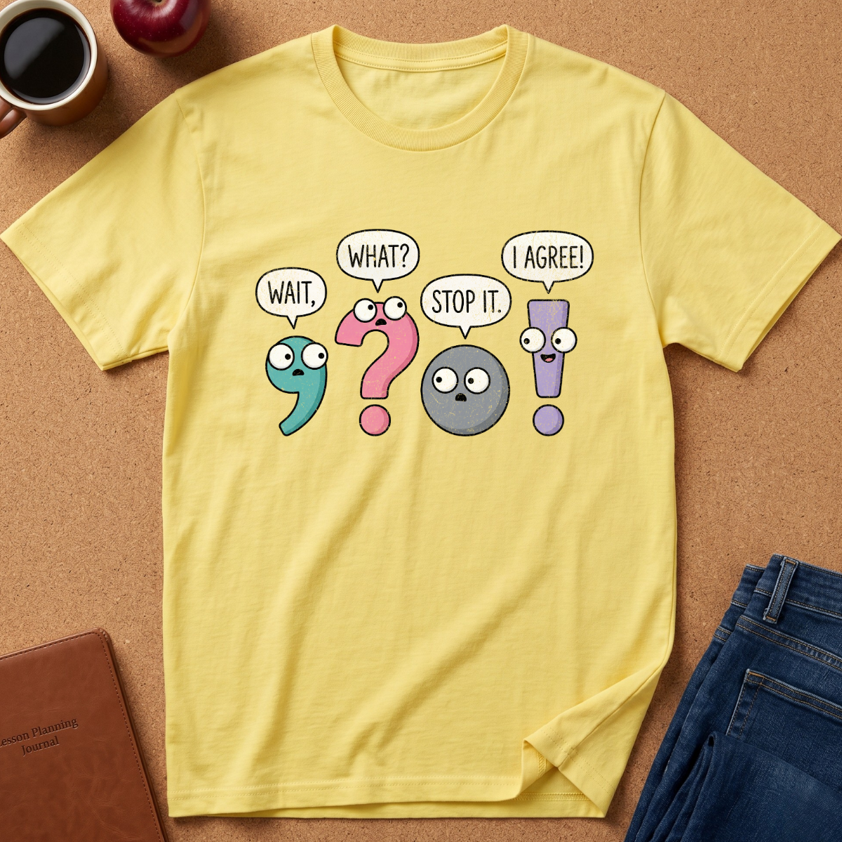 A yellow short-sleeve t-shirt laid flat on a cork surface, featuring a cartoon graphic of numbers and symbols with speech bubbles reading 'WAIT', 'WHAT?', 'STOP IT.', and 'I AGREE!'.