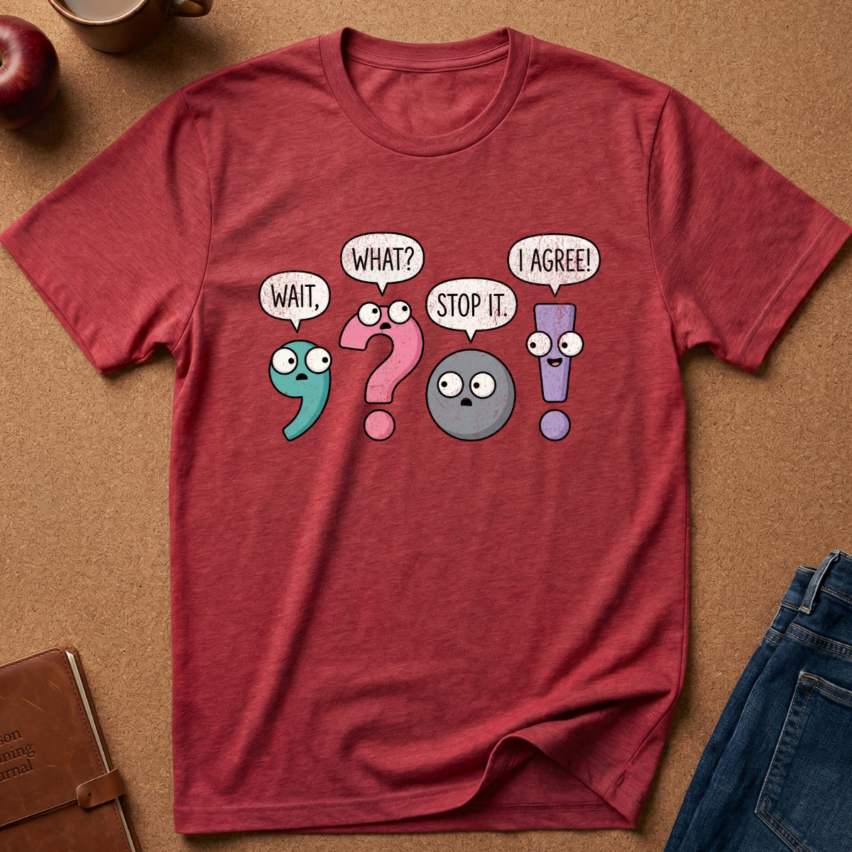 A heathered red short-sleeve t-shirt laid flat on a brown cork-like surface, featuring a cartoon graphic of mathematical symbols with speech bubbles reading 'WAIT.', 'WHAT?', 'STOP IT.