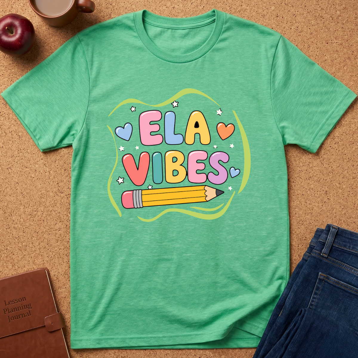 A green graphic t-shirt laid flat on a cork background, featuring a colorful 'ELA VIBES' design with a pencil and hearts. Styled flat-lay props include an apple, coffee cup, leather journal, and blue jeans.