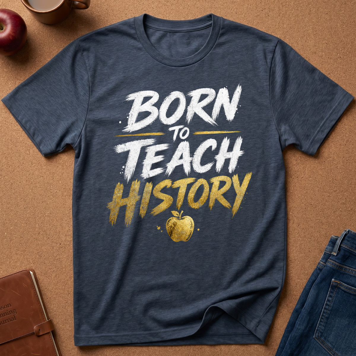 A navy blue heather graphic t-shirt laid flat on a brown cork background, featuring the text 'BORN TO TEACH HISTORY' in white and gold brush-style lettering with a gold apple graphic below. Styled flat-lay props include an apple, a mug, a notebook, and jeans.