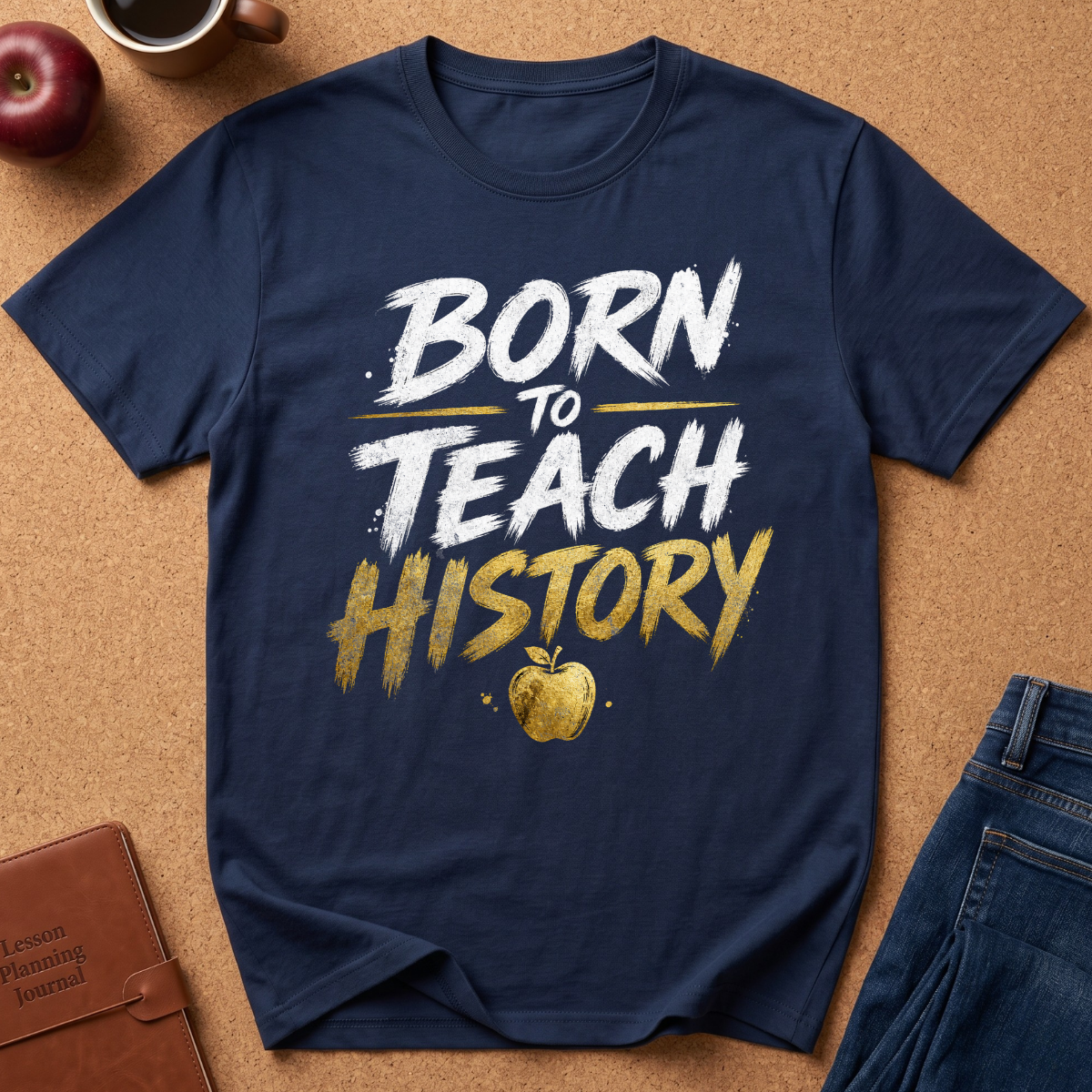 A navy blue graphic t-shirt laid flat on a brown cork board background, featuring the text 'BORN TO TEACH HISTORY' in white and gold brush-style lettering with a small gold apple graphic. Styled flat-lay props include an apple, a coffee cup, a leather journal, and blue jeans.