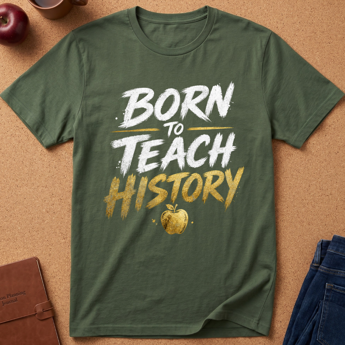 An olive green short-sleeve t-shirt with a 'BORN TO TEACH HISTORY' graphic in white and gold, laid flat on a cork background with school-themed props like an apple, notebook, and jeans.