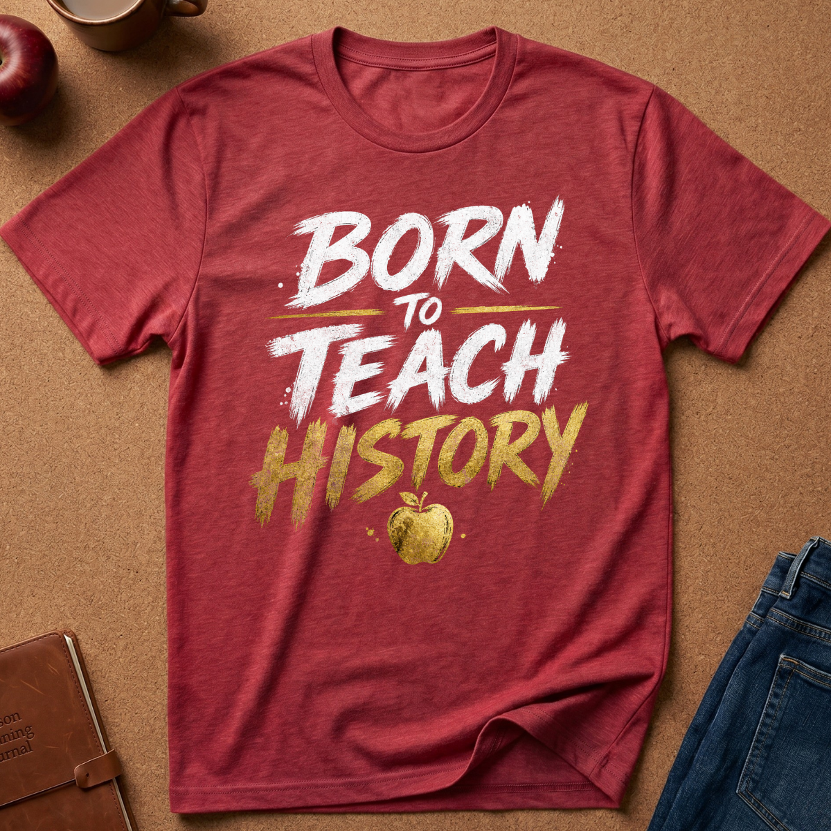 A heathered red short-sleeve t-shirt with a graphic that reads 'BORN TO TEACH HISTORY' in white and gold lettering, accompanied by a small gold apple. The shirt is displayed in a flat-lay arrangement on a brown cork background with props including jeans, a notebook, an apple, and a mug.