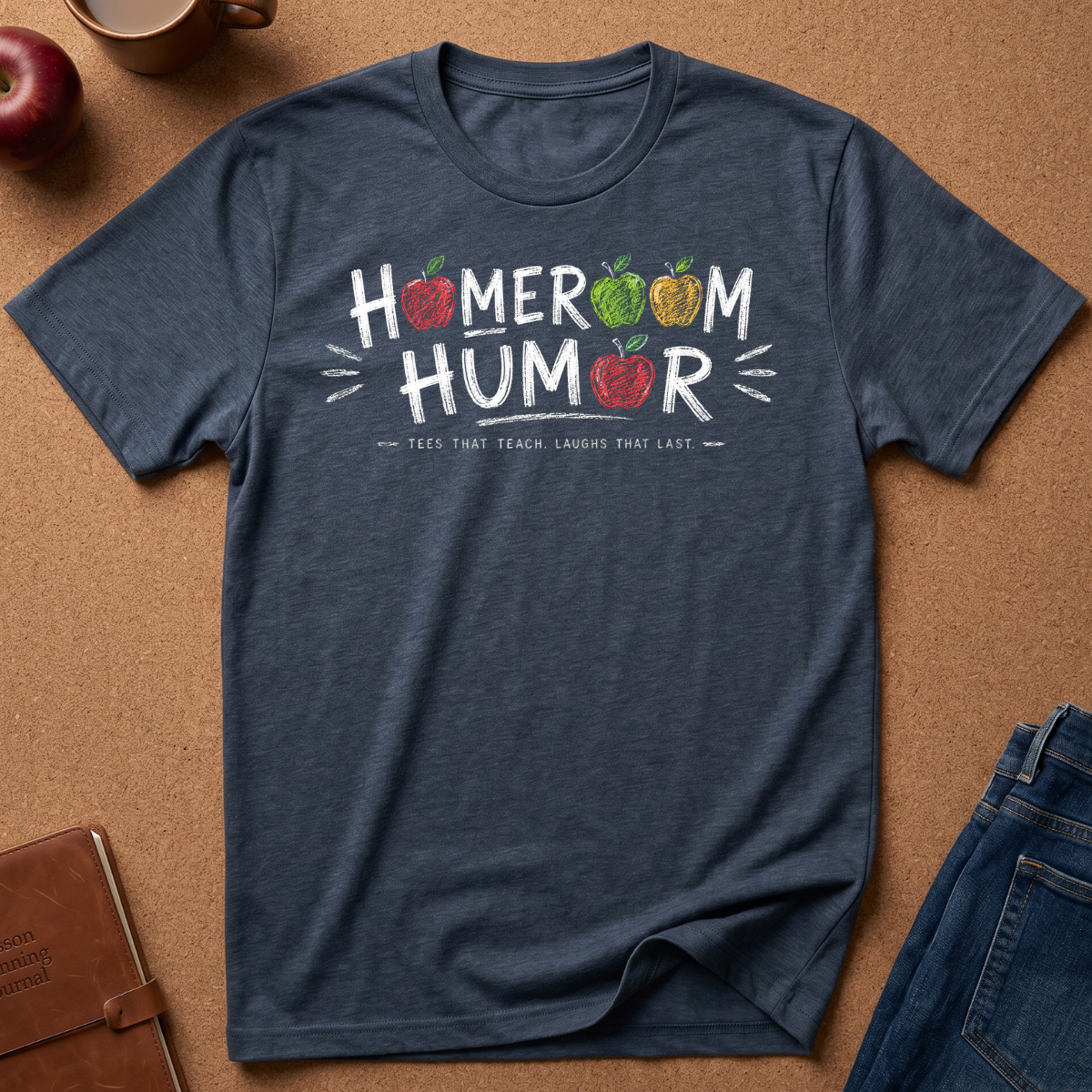 A heather navy blue graphic t-shirt laid flat on a brown cork background, featuring the text 'HOMEROOM HUMOR' with colorful apple illustrations. Styled flat-lay props include a brown leather notebook, a red apple, a coffee mug, and blue jeans.