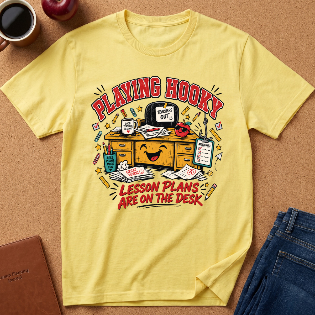 A yellow graphic t-shirt laid flat on a cork background, featuring a cartoon illustration of a smiling desk with the text 'PLAYING HOOKY' and 'LESSON PLANS ARE ON THE DESK'. Surrounding props include a coffee cup, apple, notebook, and jeans.