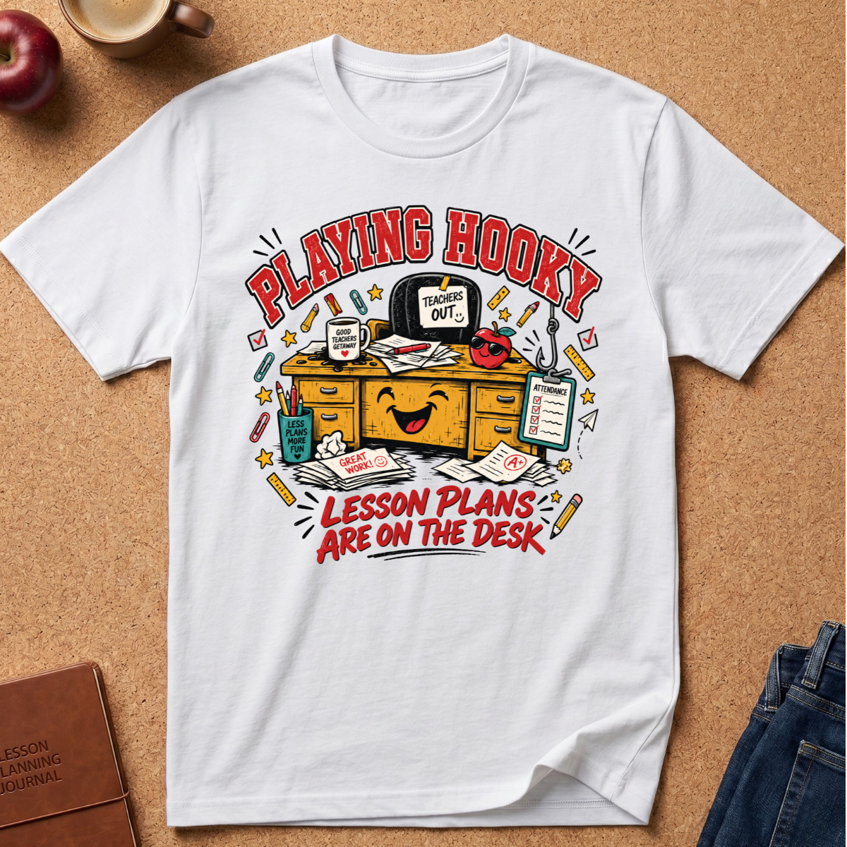 A white short-sleeve graphic T-shirt laid flat on a cork board background, featuring a colorful cartoon desk scene with the text 'PLAYING HOOKY' and 'LESSON PLANS ARE ON THE DESK.' A coffee cup, apple, journal, and jeans are partially visible around the shirt as styled props.