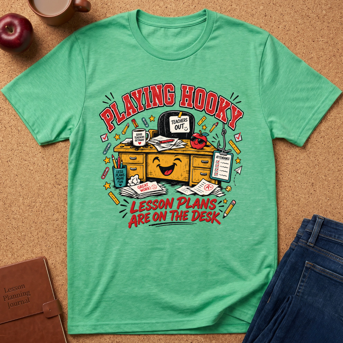 A mint green graphic t-shirt laid flat on a cork background, styled with an apple, coffee cup, notebook, and blue jeans. The t-shirt features a cartoon illustration of a smiling desk with the text 'PLAYING HOOKY' and 'LESSON PLANS ARE ON THE DESK'.