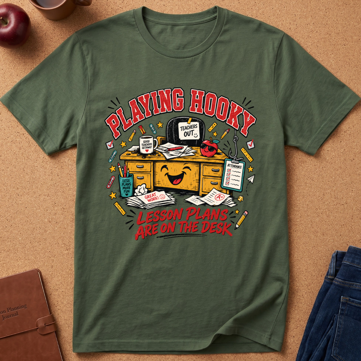 An olive green graphic t-shirt laid flat on a cork board background, featuring a cartoon illustration of a smiling desk with the text 'PLAYING HOOKY' and 'LESSON PLANS ARE ON THE DESK'.