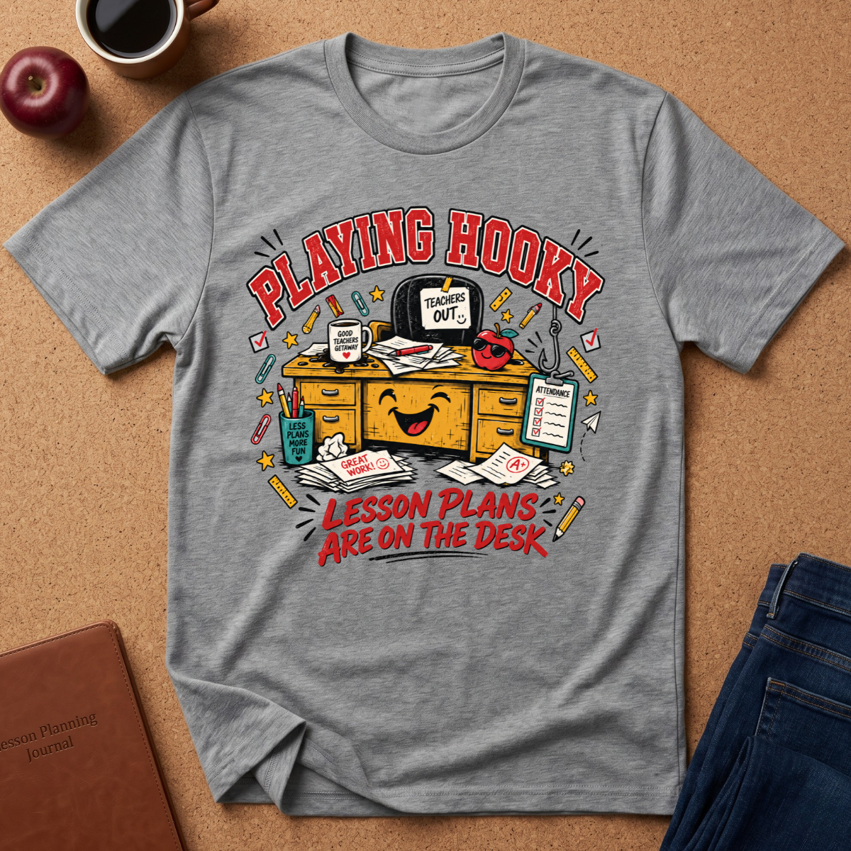 A heather gray graphic t-shirt laid flat on a cork background, featuring a cartoon illustration of a smiling desk with the text 'PLAYING HOOKY' and 'LESSON PLANS ARE ON THE DESK'. Styled flat-lay props include a coffee mug, apple, notebook, and jeans.
