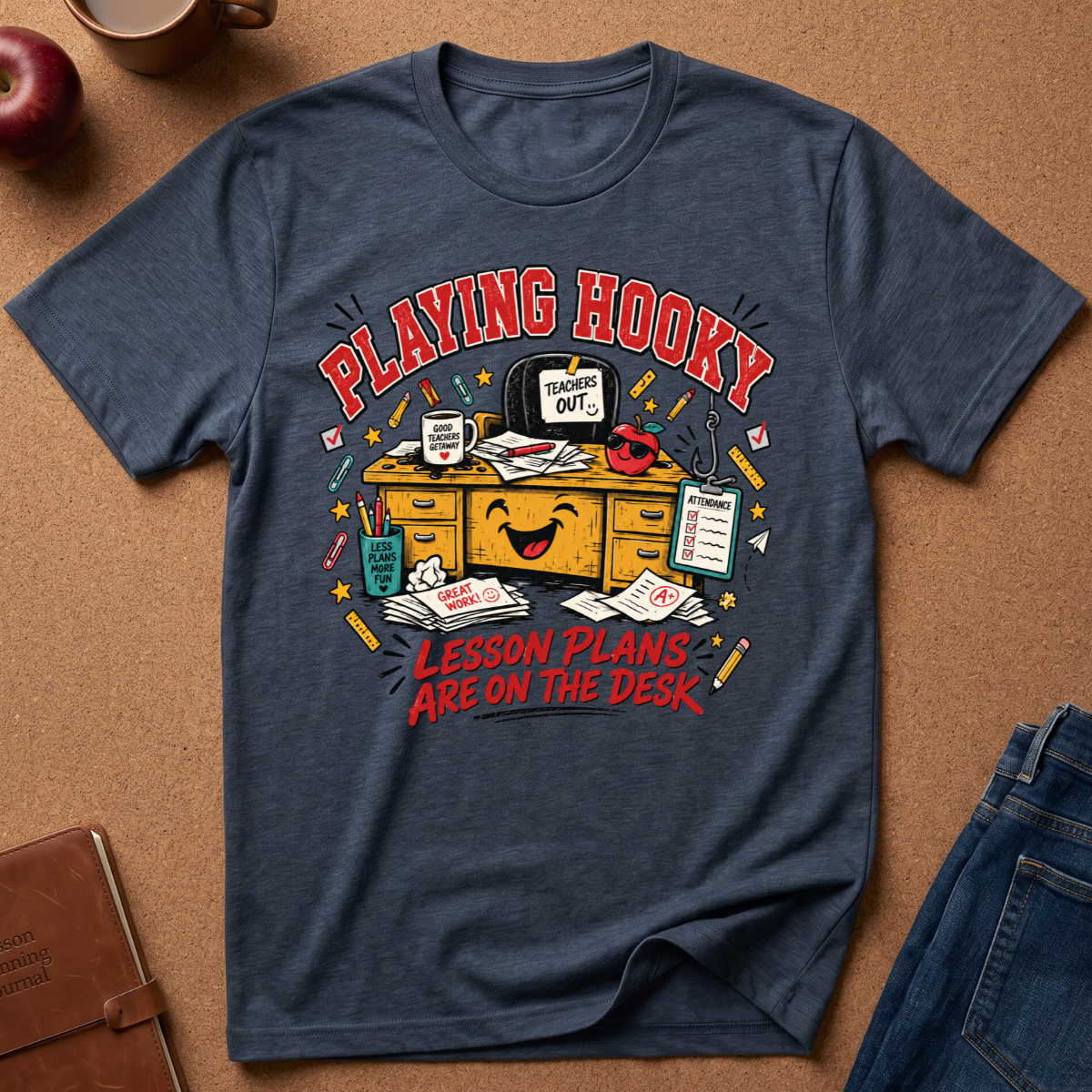 A navy blue graphic t-shirt laid flat on a brown cork background, featuring a cartoon illustration of a smiling desk with the text 'PLAYING HOOKY' and 'LESSON PLANS ARE ON THE DESK'.
