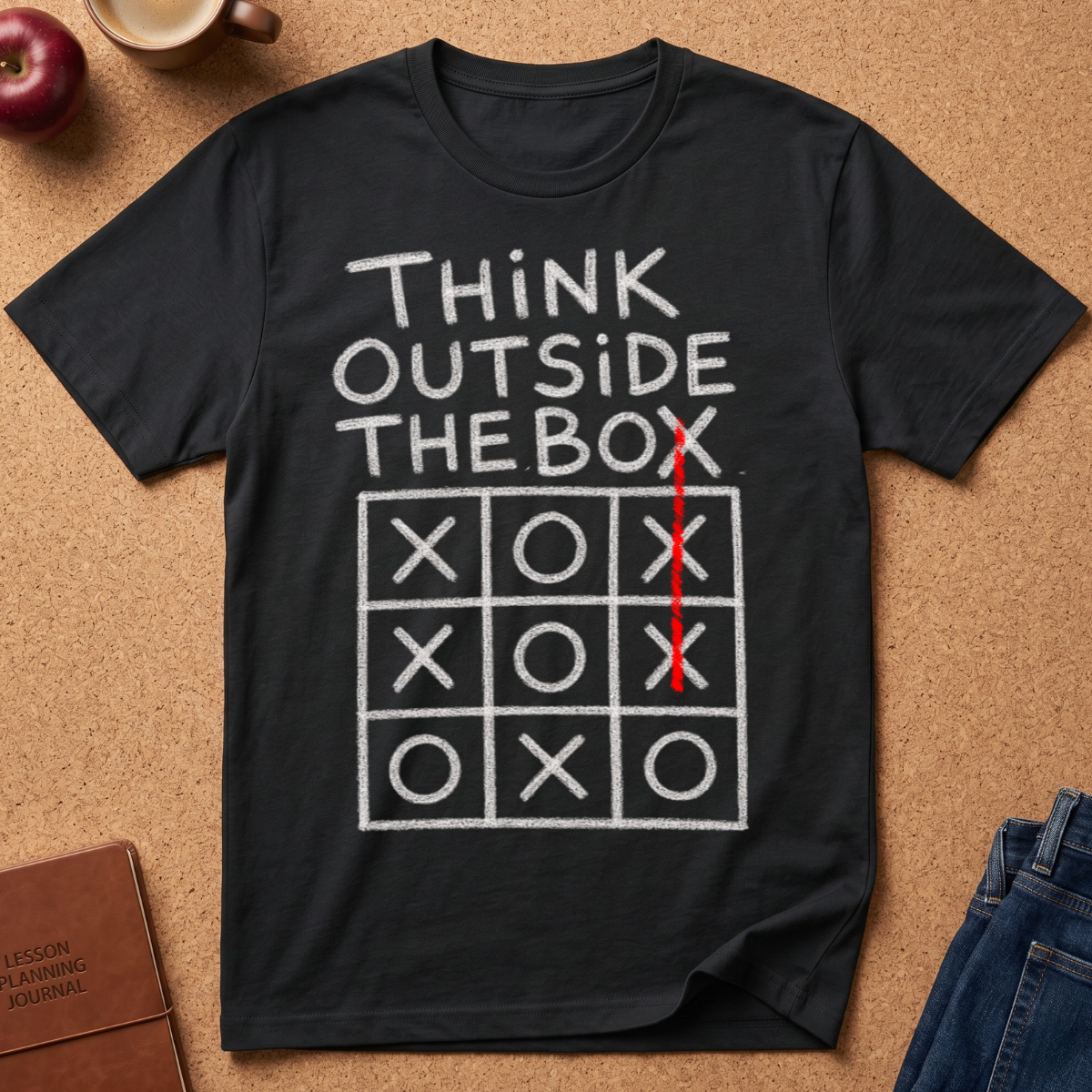 A black short-sleeve graphic T-shirt laid flat on a cork surface, featuring a white tic-tac-toe design with the phrase 'THINK OUTSIDE THE BOX' and a red line drawing. Styled flat-lay props include an apple, a coffee cup, a journal, and jeans.