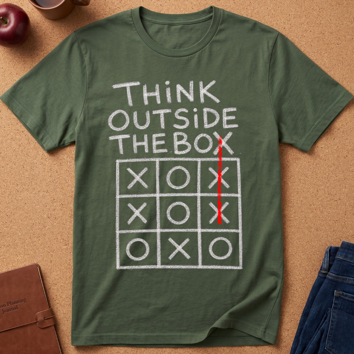 An olive green short-sleeve t-shirt with a white hand-drawn style graphic that reads 'THINK OUTSIDE THE BOX' above a tic-tac-toe grid. A red vertical line is drawn through the right side of the grid.
