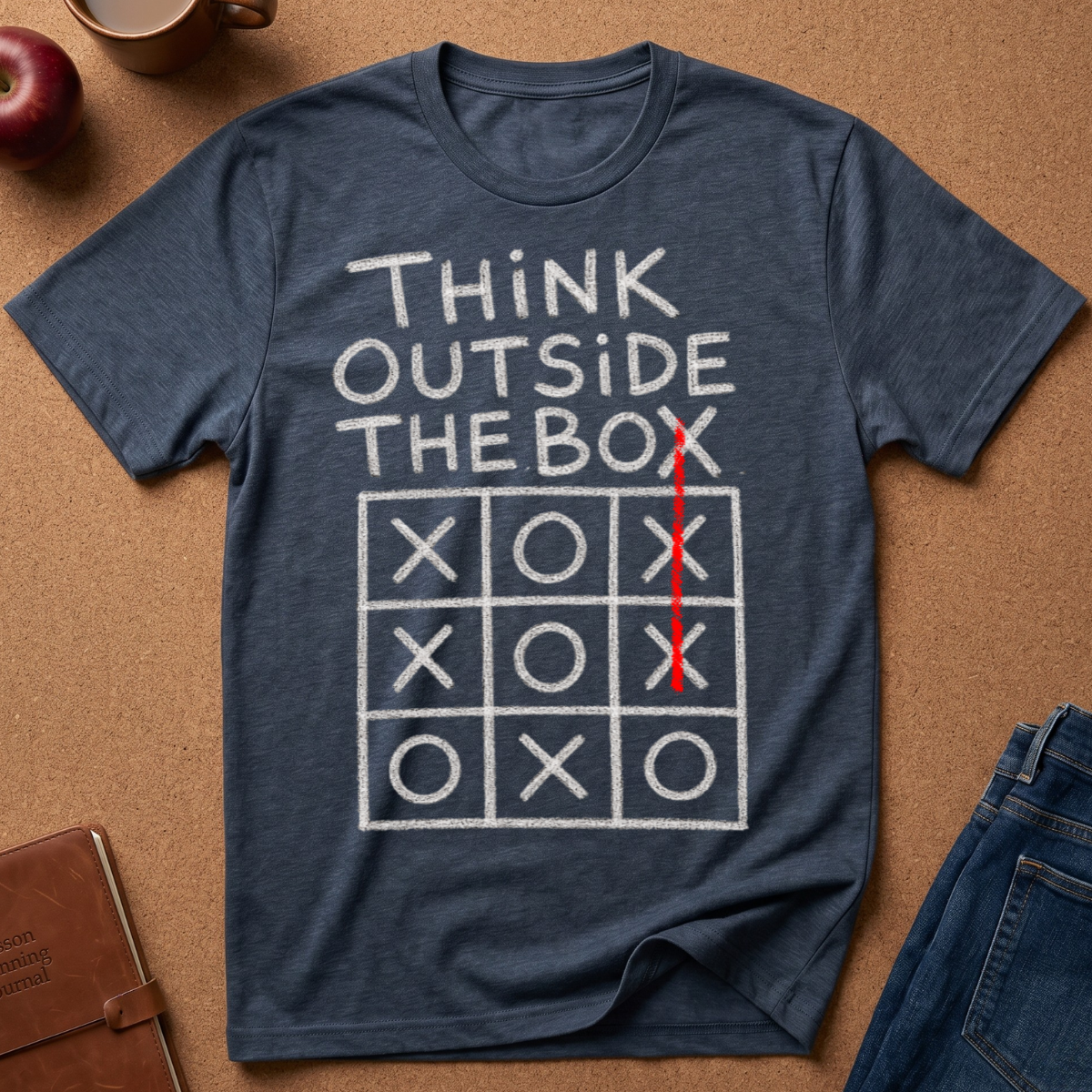 A navy blue heather graphic t-shirt laid flat on a brown cork background, featuring a white tic-tac-toe design with the text 'THINK OUTSIDE THE BOX' and a red vertical line highlighting the rightmost column. Styled flat-lay props include an apple, a notebook, jeans, and a mug.